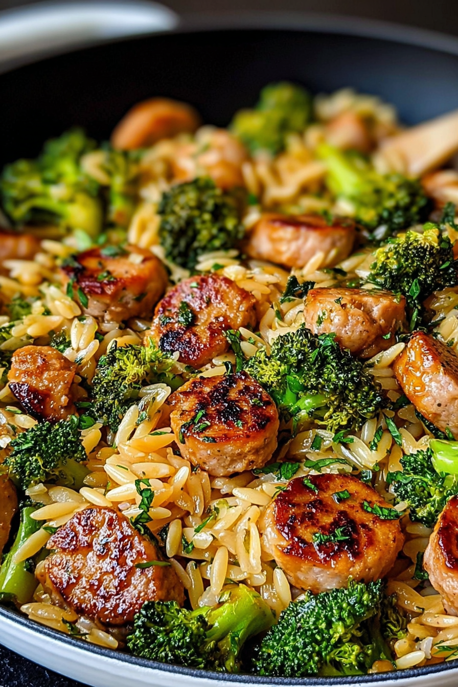 Chicken chicken sausage broccoli and orzo skillet image 2