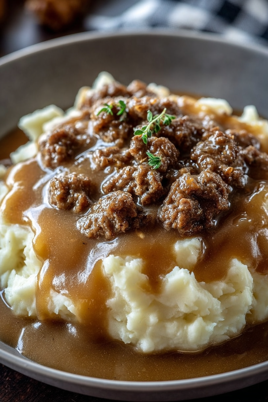 Delicious chicken hamburger gravy over mashed potatoes image 2
