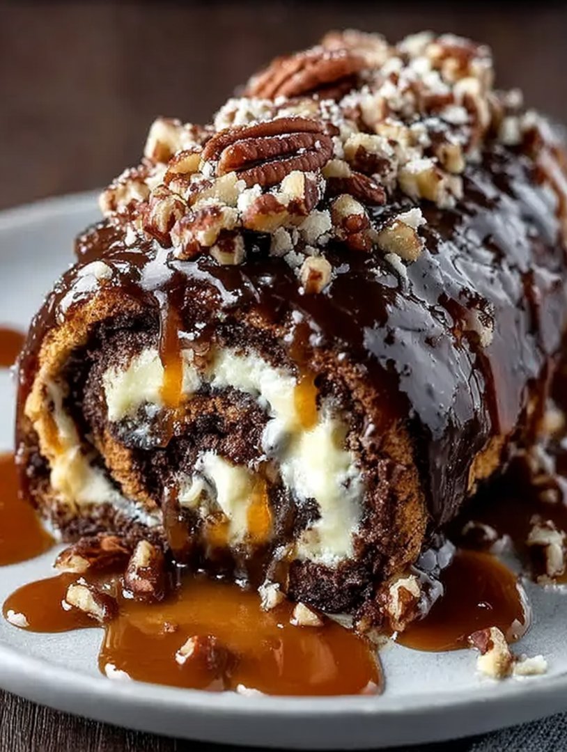 Gooey Chocolate Caramel Turtle Cake Roll image 2